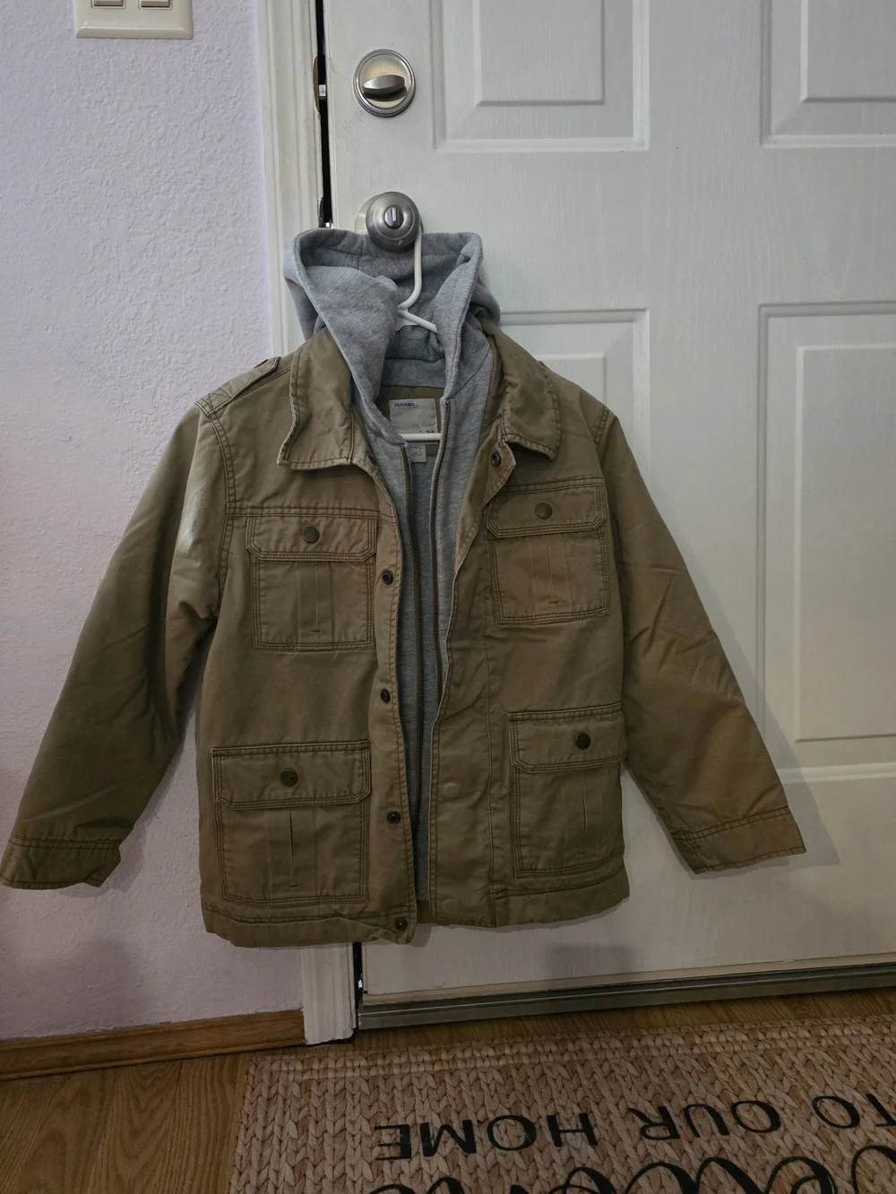 Old Navy Kids 10-12 Large Khaki Utility Jacket with Grey Hooded Liner